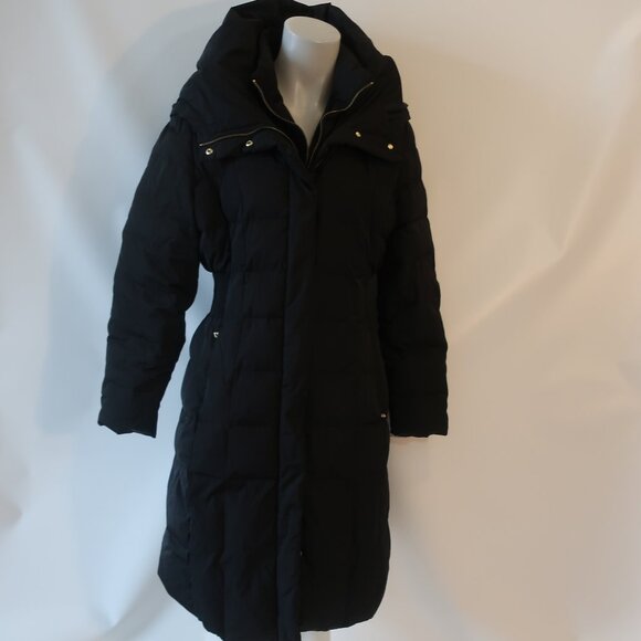 Womens Cole Haan Black Down Cluster With Feather Fill Hooded Midi Puffer Coat L - Picture 10 of 16